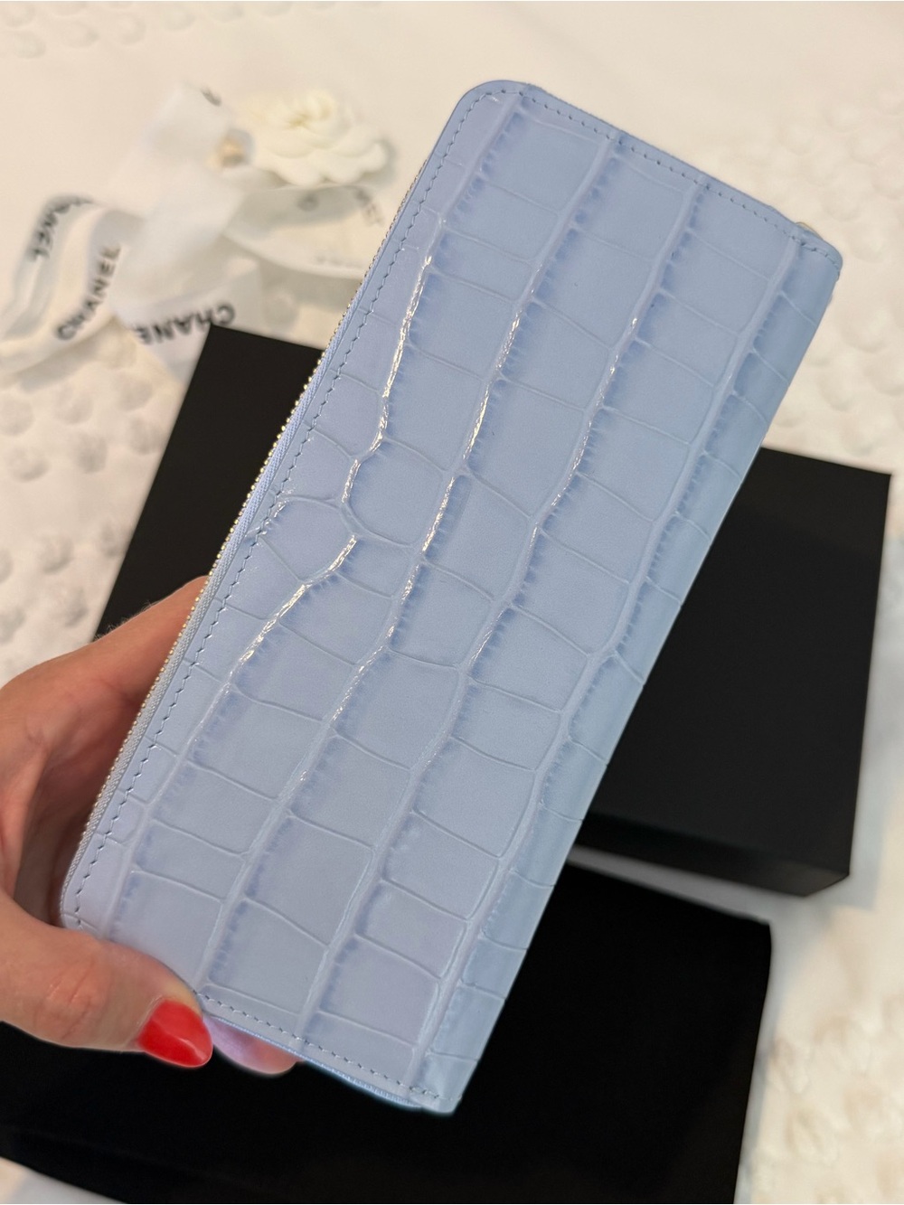 CHANEL Croc Embossed Zip Around Long Wallet Lilac Lavender Brand New with Box - Picture 12 of 15